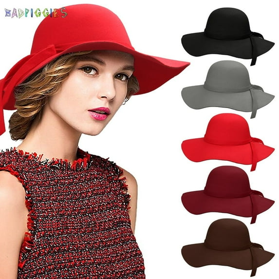 BadPiggies Women's Vintage Wool Winter Hat Bowler Foldable Wide Brim Felt Fedora Floopy Beach Sun Cap (Black)