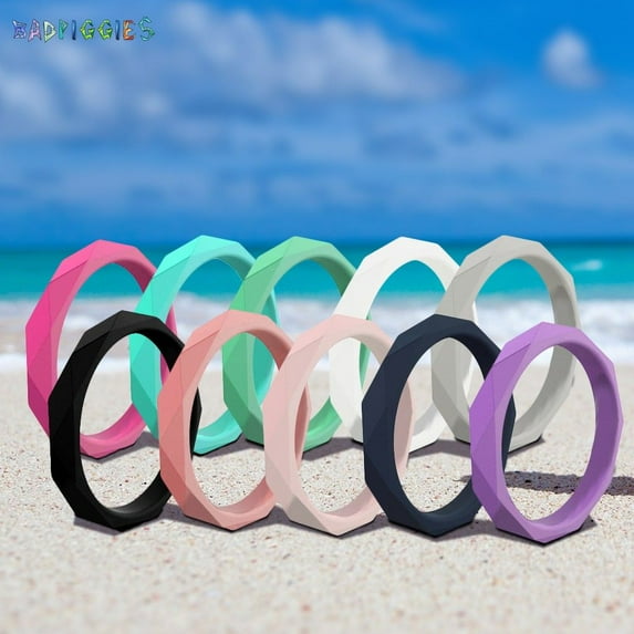 BadPiggies Women's Waterproof Silicone Wedding Rings 10Pcs/Set Rubber Bands For Activity Workout Sport (Size 8)