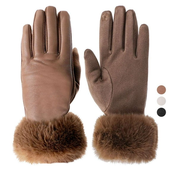 BadPiggies Women's Winter Gloves Sensitive Touch Screen Cold Weather Windproof Thermal Warm Fleece Lined PU Leather Glove - Khaki