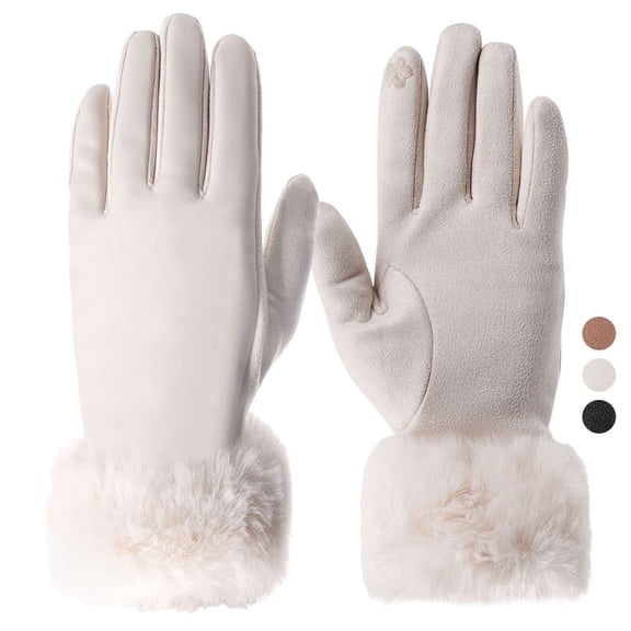 BadPiggies Women's Winter Gloves Sensitive Touch Screen Cold Weather Windproof Thermal Warm Fleece Lined PU Leather Glove - White