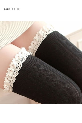 BadPiggies Womens 100% Cotton Thigh Long Stockings Lace High Over Knee Socks Winter Warm Hose (1 Pair, Black)