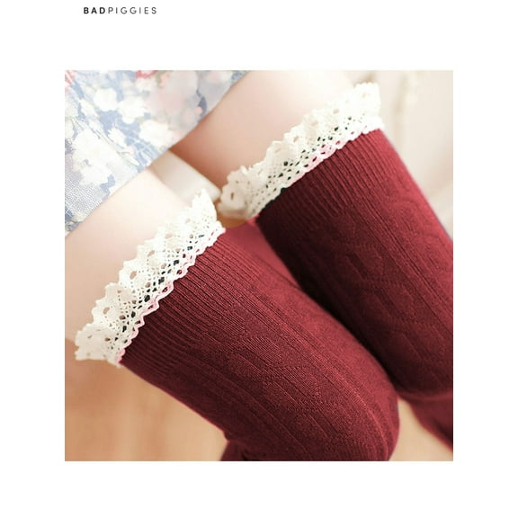 BadPiggies Womens 100% Cotton Thigh Long Stockings Lace High Over Knee Socks Winter Warm Hose (1 Pair, Red)