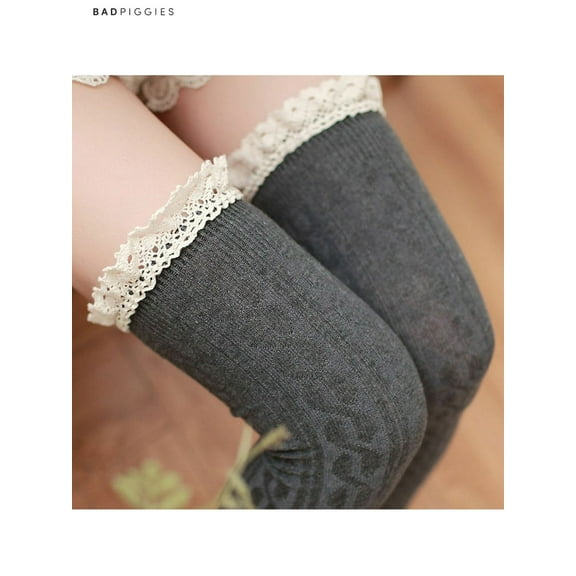 BadPiggies Womens 100% Cotton Thigh Long Stockings Lace High Over Knee Socks Winter Warm Hose (2 Pair, Gray)