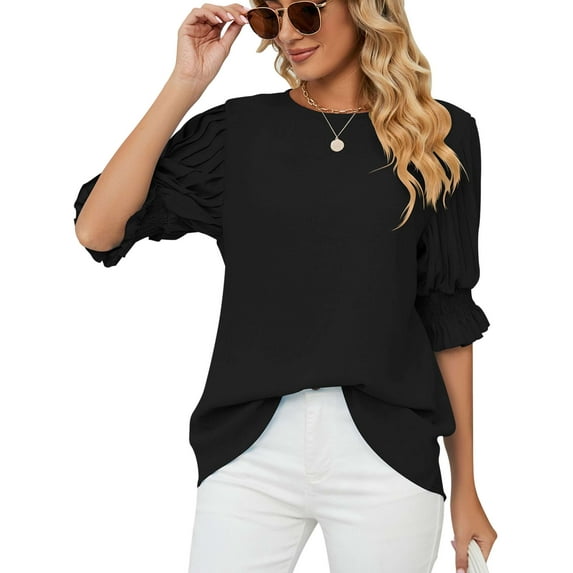 BadPiggies Womens Blouses 3/4 Sleeve Crew Neck Work Shirts Chiffon Ruffle Tunic Dressy Tops