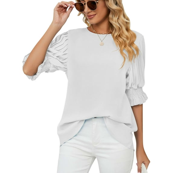 BadPiggies Womens Blouses 3/4 Sleeve Crew Neck Work Shirts Chiffon Ruffle Tunic Dressy Tops