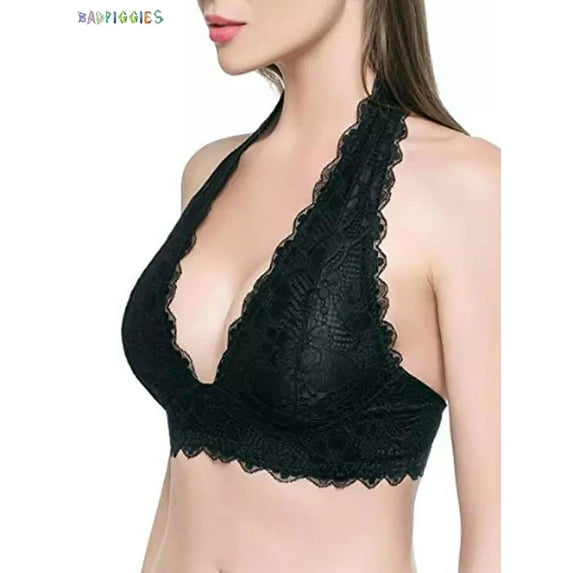 BadPiggies Womens Floral Lace Halter Bra Bralette Top Underwear Sexy Deep V Bustier Bralette Unpadded Wirefree Lingerie (L, Black)