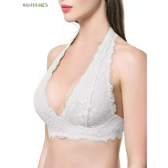 BadPiggies Womens Floral Lace Halter Bra Bralette Top Underwear Sexy Deep V Bustier Bralette Unpadded Wirefree Lingerie (S, White)
