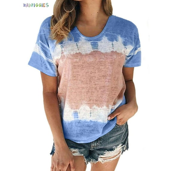 BadPiggies Womens Fresh Summer Short Sleeve Loose T-shirt Color Block Gradient Print Round Neckline Casual Blouse Tops (L, Blue)