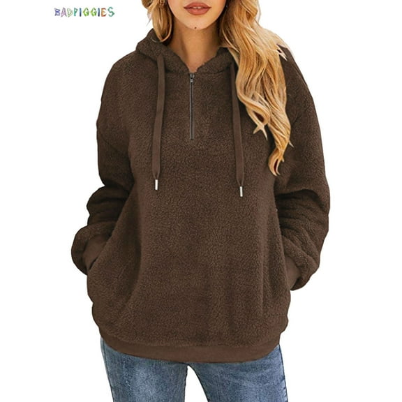 BadPiggies Womens Fuzzy Fleece Sweatshirt Casual Loose Sherpa Pullover Oversized Hoodie with Pockets (L, Coffee)