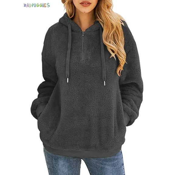 BadPiggies Womens Fuzzy Fleece Sweatshirt Casual Loose Sherpa Pullover Oversized Hoodie with Pockets (L, Gray)