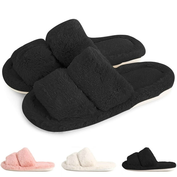 BadPiggies Womens Fuzzy Slippers Warm Plush Open Toe House Shoes Comfy Fluffy Faux Fur Slides Sandals Anti-Slip for Indoor/Outdoor