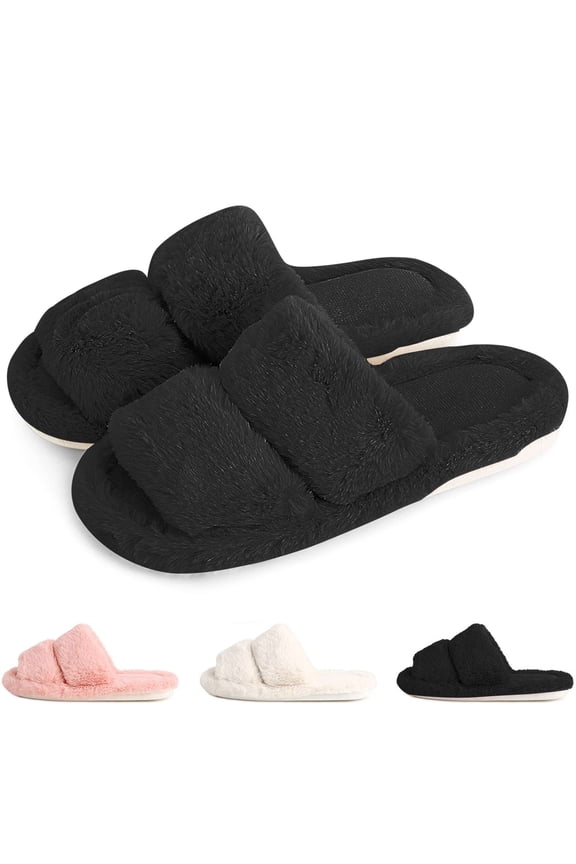 BadPiggies Womens Fuzzy Slippers Warm Plush Open Toe House Shoes Comfy Fluffy Faux Fur Slides Sandals Anti-Slip for Indoor/Outdoor