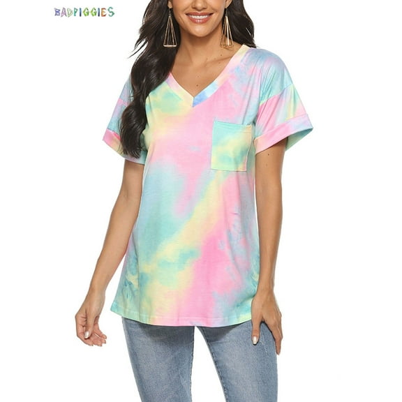 BadPiggies Womens Gradient Tie Dye Short Sleeve T-Shirt V Neck Summer Casual Loose Printed Tee Tops Tunic (M, Yellow)