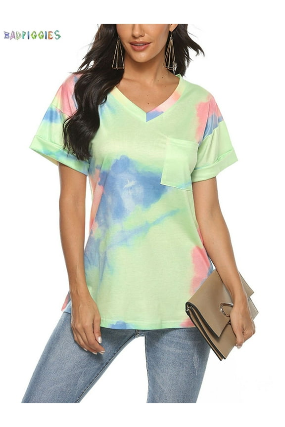 BadPiggies Womens Gradient Tie Dye Short Sleeve T-Shirt V Neck Summer Casual Loose Printed Tee Tops Tunic (XL, Light Green)