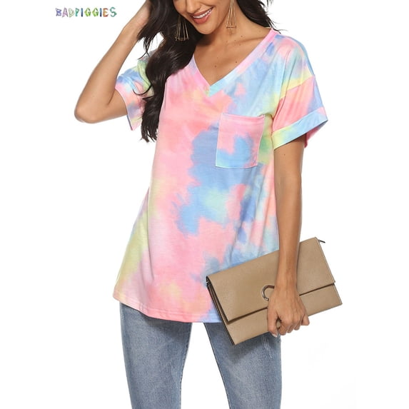 BadPiggies Womens Gradient Tie Dye Short Sleeve T-Shirt V Neck Summer Casual Loose Printed Tee Tops Tunic (XL, Pink)