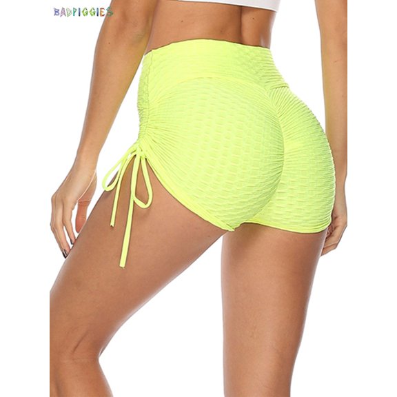 BadPiggies Womens High Waist Butt Lift Yoga Shorts Hot Pants Tummy Control Ruched Tights Stretch Gym Workout Leggings (L, Yellow)