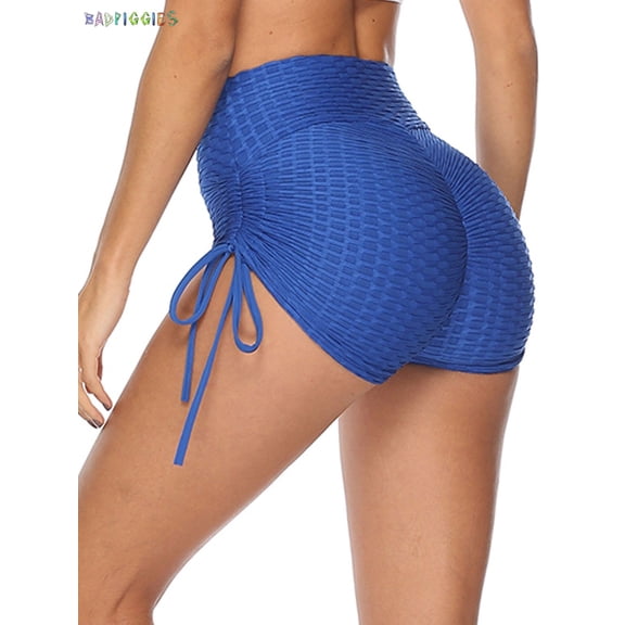 BadPiggies Womens High Waist Butt Lift Yoga Shorts Hot Pants Tummy Control Ruched Tights Stretch Gym Workout Leggings (M, Blue)
