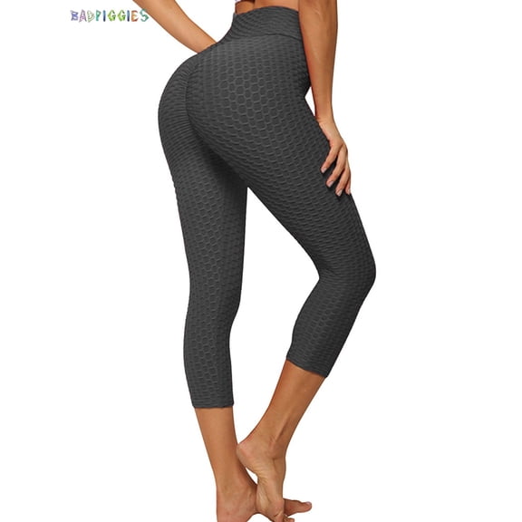 BadPiggies Womens High Waist Yoga Pants Ruched Textured Capri Tummy Control Workout Leggings (S, Black)