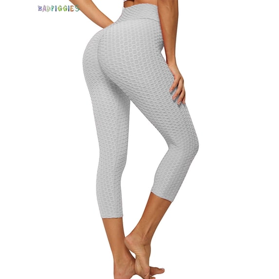 BadPiggies Womens High Waist Yoga Pants Ruched Textured Capri Tummy Control Workout Leggings (S, Gray)