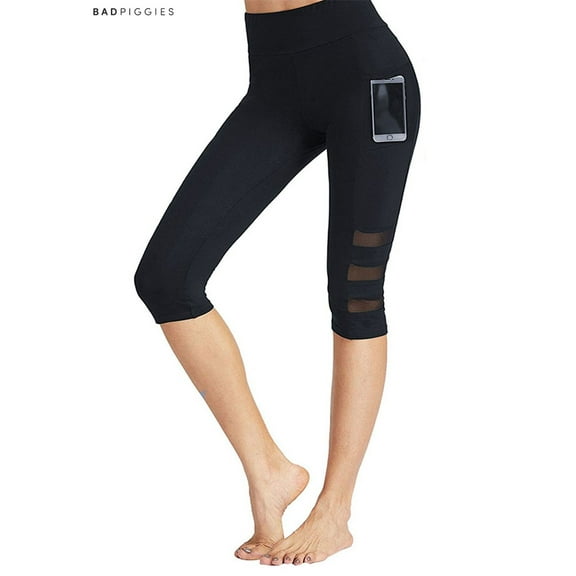 BadPiggies Womens High Waist Yoga Pants with Side Pockets Tummy Control Workout Mesh Stretchy Capri Leggings (Size S)