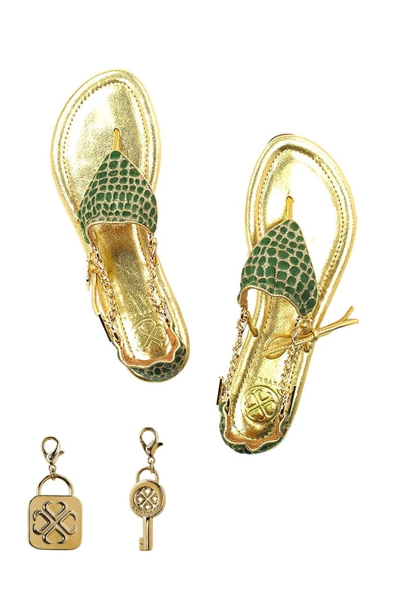 BadPiggies Womens Metallic Summer Leather Sandal 18K Gold Plated Chain CICI Venus Bikini Thong Flat Sandals