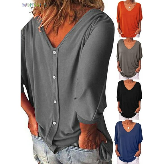 BadPiggies Womens Plus Size Loose Blouse 3/4 Sleeve Back Buttons T Shirts Casual V Neck Solid Tops For Summer Fall (L, Gray)