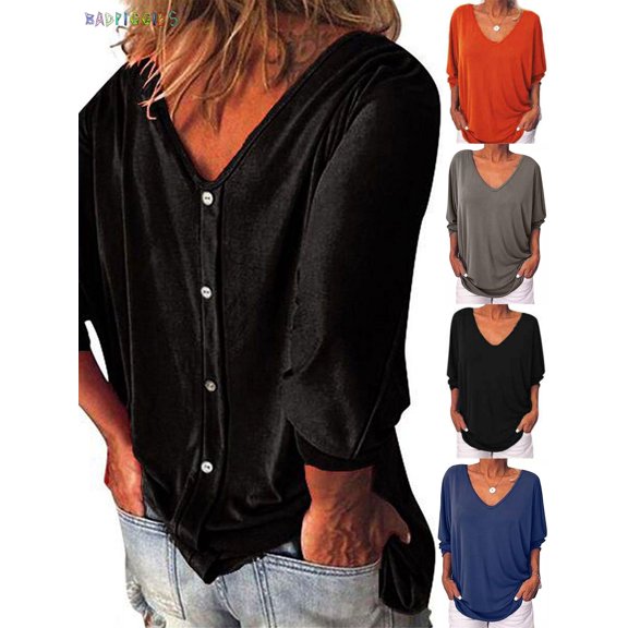 BadPiggies Womens Plus Size Loose Blouse 3/4 Sleeve Back Buttons T Shirts Casual V Neck Solid Tops For Summer Fall (M, Black)