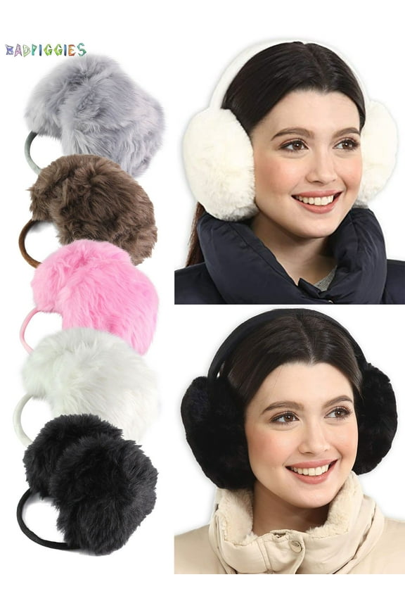 BadPiggies Womens Plush Ear Muffs Winter Ear Warmers, Soft & Warm Faux Fur Furry Fleece Earmuffs Ear Covers for Cold Weather (Black)