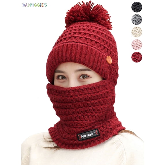 BadPiggies Womens Pom Beanie Hat Scarf Set Winter Slouchy Warm Hat Fuzzy Knit Skull Cap with Fleece Lined (Red)
