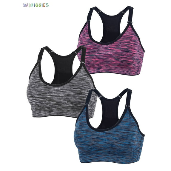 BadPiggies Womens Quick Dry Removable Pads Sports Bra Mesh Wirefree Yoga Brassiere Push Up Seamless Fitness Bras (M, 3 Color/Set)