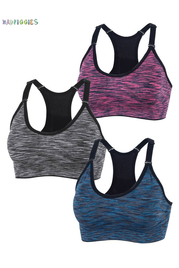 BadPiggies Womens Quick Dry Removable Pads Sports Bra Mesh Wirefree Yoga Brassiere Push Up Seamless Fitness Bras (XL, 3 Color/Set)