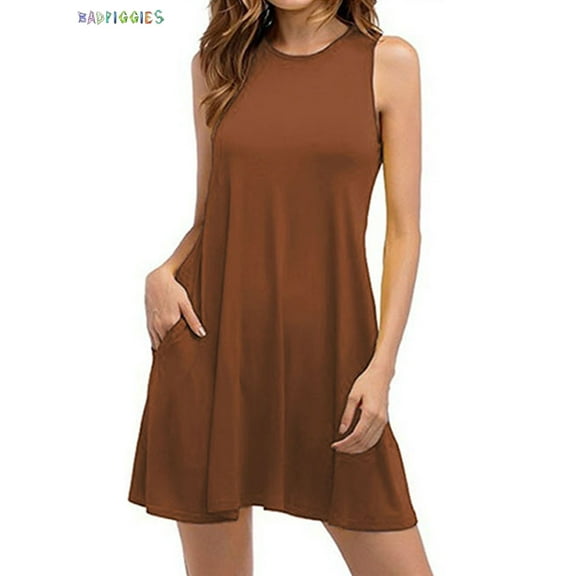 BadPiggies Womens Sleeveless A-line Dress with Pockets Cotton Swing Summer Beach Casual Loose Dress (S, Brown)