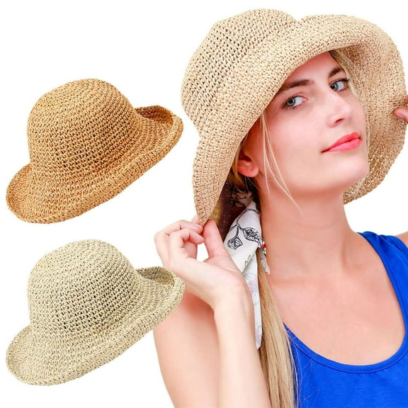 BadPiggies Womens Straw Sun Hats Foldable Roll Up Brim UPF 50 Hat for Summer Beach Travel Gardening (Beige)