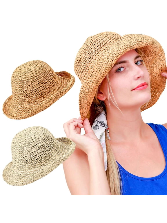 BadPiggies Womens Straw Sun Hats Foldable Roll Up Brim UPF 50 Hat for Summer Beach Travel Gardening (Khaki)