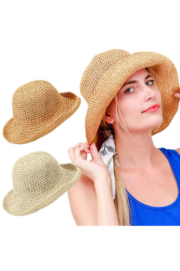 BadPiggies Womens Straw Sun Hats Foldable Roll Up Brim UPF 50 Hat for Summer Beach Travel Gardening (Khaki)