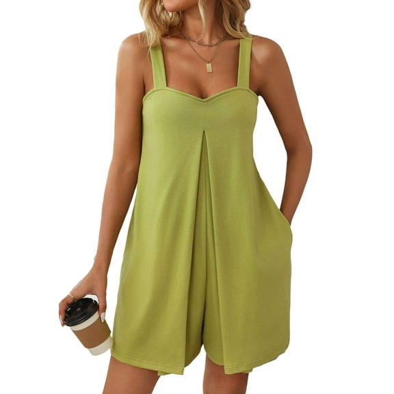 BadPiggies Womens Summer Sleeveless Romper Casual Loose Overalls Short Jumpsuit with Pockets (XL, Green)