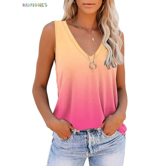 BadPiggies Womens Tank Tops V Neck Sleeveless Gradient T Shirts Summer Tunic Tops Blouse (M, Yellow)