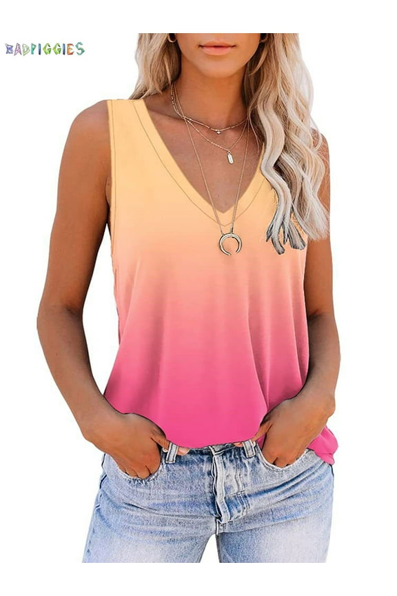 BadPiggies Womens Tank Tops V Neck Sleeveless Gradient T Shirts Summer Tunic Tops Blouse (M, Yellow)