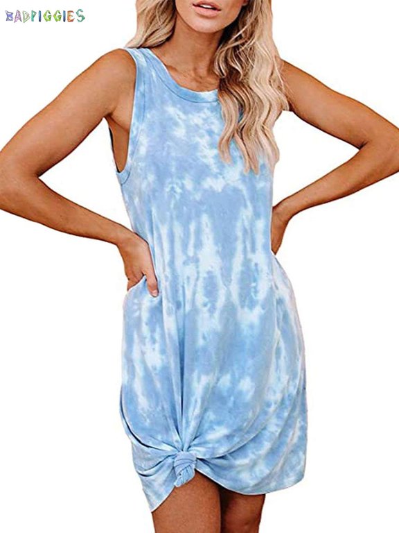 BadPiggies Womens Tie Dye Print Sundress, Sleeveless Round Neck Dress Casual Style Loose Summer Beach Clothes (XL, Sky Blue)