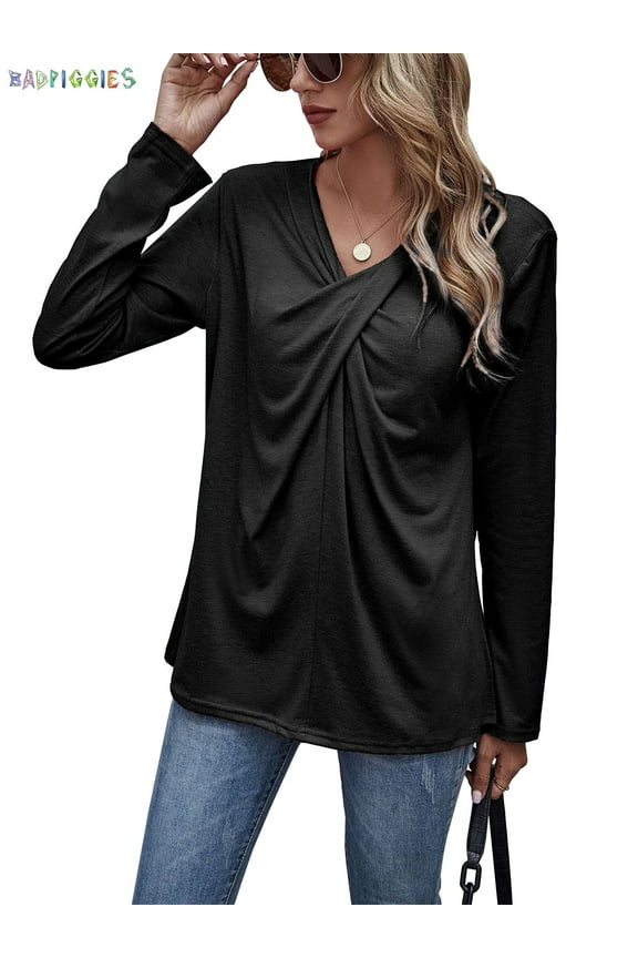BadPiggies Womens V Neck Long Sleeve Cross Knot Casual T Shirts Solid Tunic Tops Blouses (L, Black)