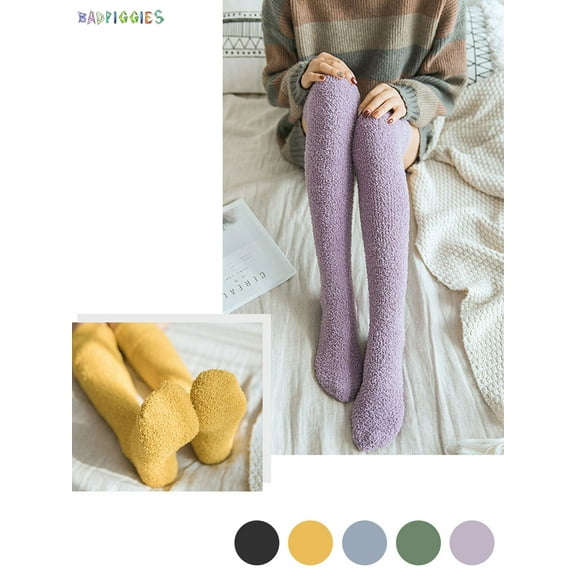 BadPiggies Womens Warm Coral Fleece Thigh High Stockings Soft Thicken Velvet Long Socks Fuzzy Fluffy Knee Socks (Black)