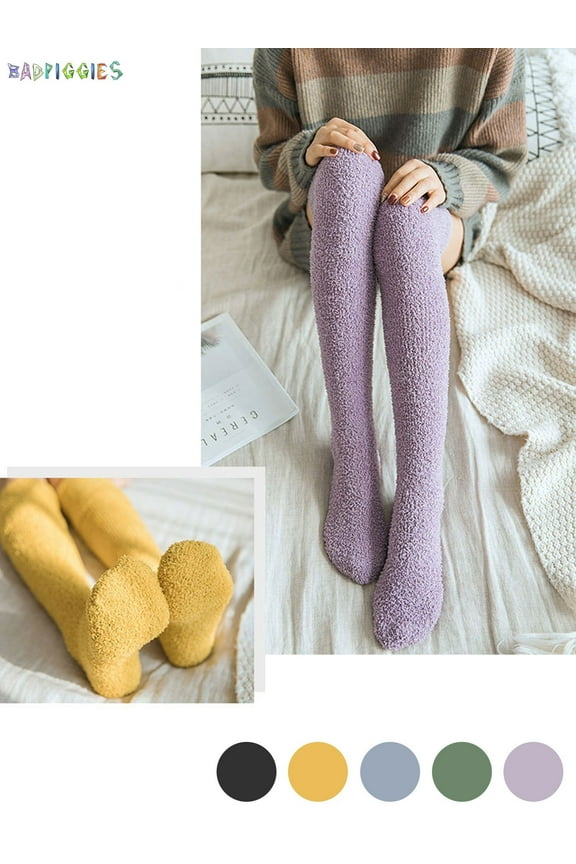 BadPiggies Womens Warm Coral Fleece Thigh High Stockings Soft Thicken Velvet Long Socks Fuzzy Fluffy Knee Socks (Yellow)