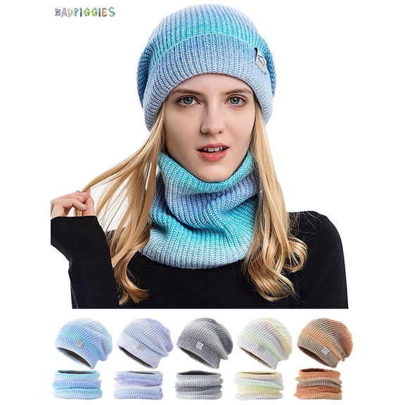BadPiggies Womens Winter Beanie Hat Scarf Set Cute Snow Ski Slouchy Knit Skull Cap Gradient Color Neck Warmer Wraps with Fleece Lined (Blue)