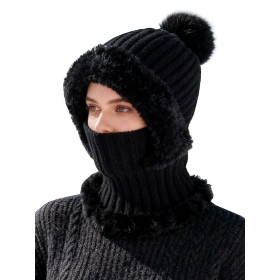 BadPiggies Womens Winter Beanie Scarf Mask Set, 3-in-1 Cozy Fleece Lined Knit Pompom Hat with Ear Flaps Windproof Neck Warmer (Black)