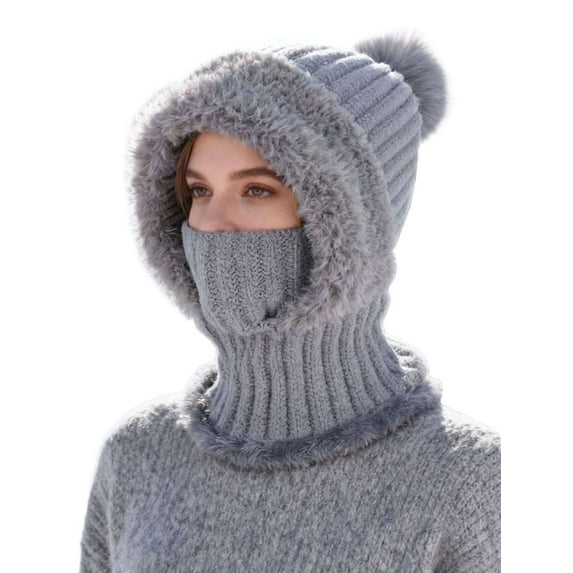 BadPiggies Womens Winter Beanie Scarf Mask Set, 3-in-1 Cozy Fleece Lined Knit Pompom Hat with Ear Flaps Windproof Neck Warmer (Gray)