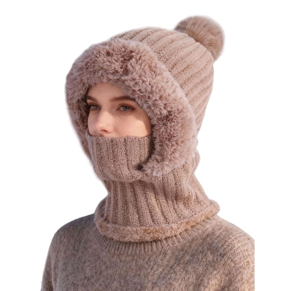 BadPiggies Womens Winter Beanie Scarf Mask Set, 3-in-1 Cozy Fleece Lined Knit Pompom Hat with Ear Flaps Windproof Neck Warmer (Khaki)