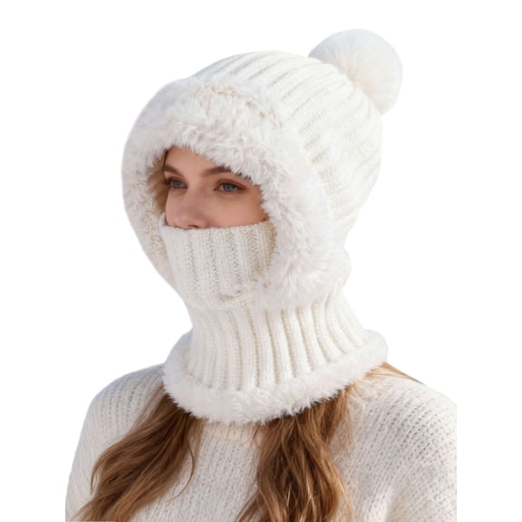 BadPiggies Womens Winter Beanie Scarf Mask Set, 3-in-1 Cozy Fleece Lined Knit Pompom Hat with Ear Flaps Windproof Neck Warmer (White)