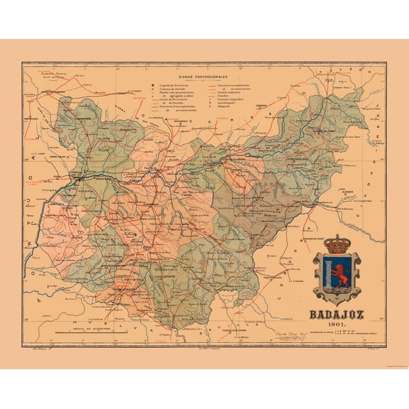Historic Map - Badajoz Spain - Martine 1904 - 28.46 x 23 - Vintage Wall Art