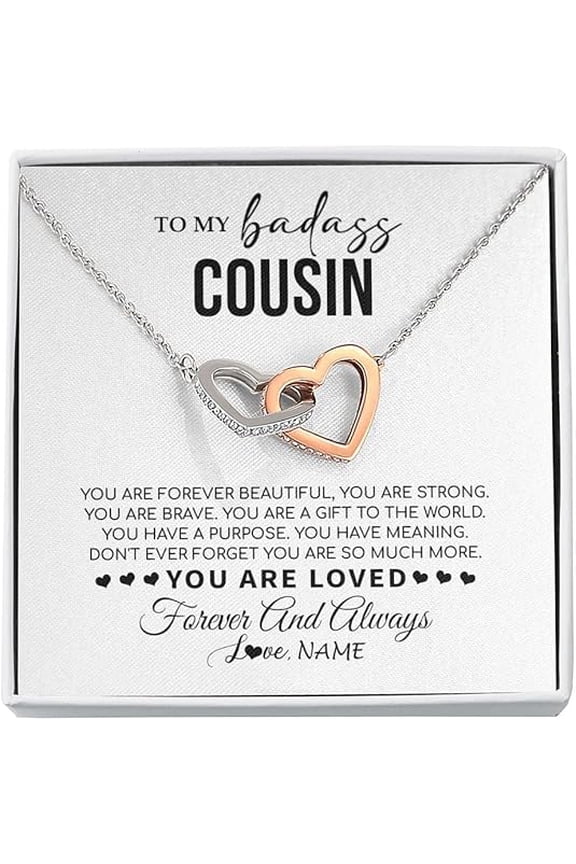 To My Badass Cousin Necklace Gift, Floral Cousin Birthday Gift, Christmas Gift for Her, Interlocking Heart Necklace with Message Card and Gift Box, Wedding Gift for Her
