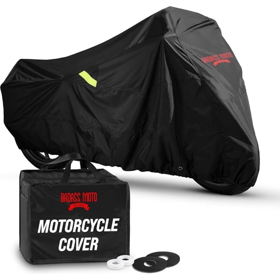 Badass Moto Heavy Duty Motorcycle Cover Waterproof Outdoor Durable All Season Wx Fits Harley Davidson CVO, Road King, Gold Wing, Indian Chieftain, Challenger, Roadmaster, Touring Bike XL